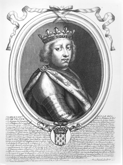 Carlos IV (1294-1328), a Feira, Rei da França e Navarra, de "As Representações de Augusto de todos os reis da França, de Pharamond a Luís XIV", Paris, 1679 de Nicolas II de Larmessin