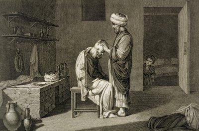 O Barbeiro, do Volume II Artes e Ofícios de "Descrição do Egito", gravado por Etienne Frederic Lignon (1779-1833) pub. sob as ordens de Napoleão de Nicolas Jacques (after) Conte