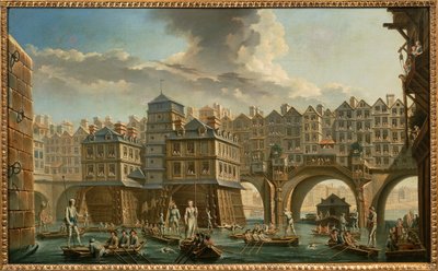Paris, a disputa entre a Pont Notre-Dame e a Pont au Change de Nicolas and Jean Baptiste Raguenet