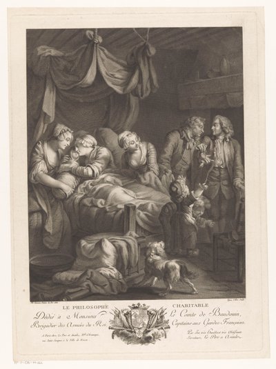 Mulher com bebê no parto, cercada por outras figuras Le Philosophe Charitable (título no objeto) de Nicolas Joseph Voyez