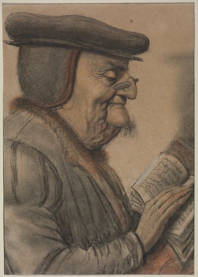 Homem idoso a ler um livro, primeira metade de 1600 (giz e tinta preta) de Nicolas Lagneau or Lanneau