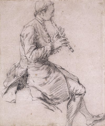 Um homem sentado tocando flauta, em perfil à direita, c.1720s de Nicolas Lancret