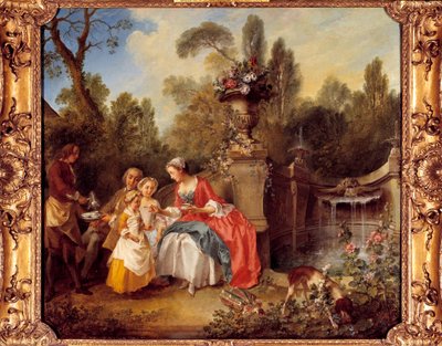 Uma mulher num jardim tomando café com crianças ou uma xícara de chocolate Pintura de Nicolas Lancret (1690-1743) de Nicolas Lancret