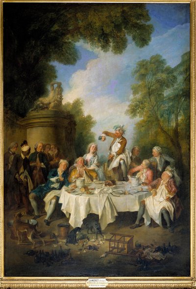 O almoço de Ham Scene de um banquete de campo ao redor de um presunto na nobreza. Pintura de Nicolas Lancret (1690-1743) 1735. Sol 1,8x1,2 m Chantilly, museu Conde de Nicolas Lancret