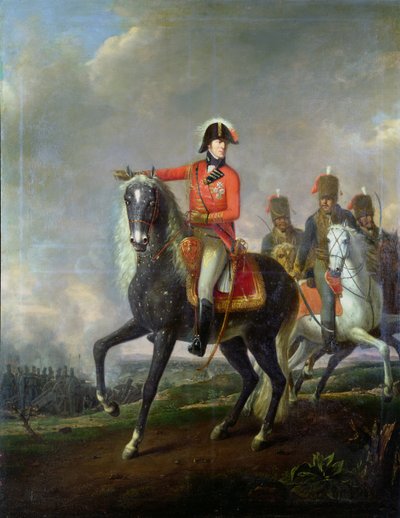 Retrato equestre do Duque de Wellington com hussardos britânicos em um campo de batalha, 1814 de Nicolas Louis Albert Delerive