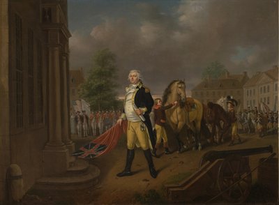 General Humphreys Entregando os Padrões realizados em Yorktown ao Congress Hall, Filadélfia de Nicolas Louis Albert Delerive