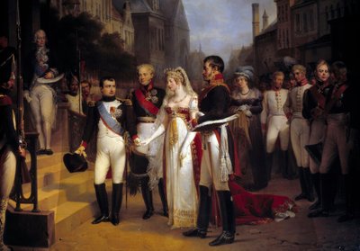 O Imperador Napoleão Bonaparte (1769-1821) recebeu a Rainha Luísa da Prússia em Tilsit (Tilsitt) em 6/07/1807. Nas escadas está à espera do diplomata Talleyrand. Pintura de Nicolas Louis Gosse (1787-1878) 1837 Sol. 3,51x4,92 m Versailles, musee du Chateau  de Nicolas Louis Francois Gosse