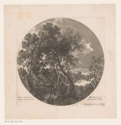 Paisagem com árvores e dois pastores com rebanho de Nicolas Perelle