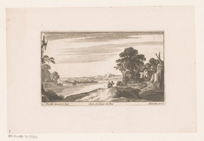Paisagem fluvial com casal a pé
Paisagens fluviais com edifícios (título da série) de Nicolas Perelle