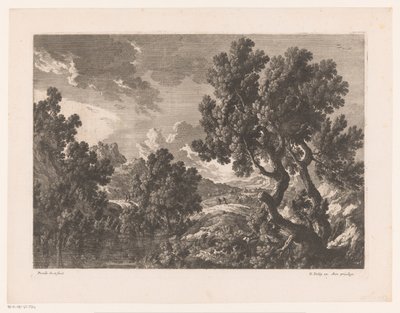 Paisagem rochosa com árvores à beira da água de Nicolas Perelle