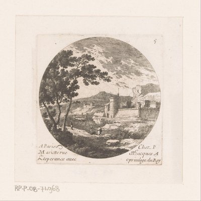 Cidade fortificada e figuras na árvore de Nicolas Perelle