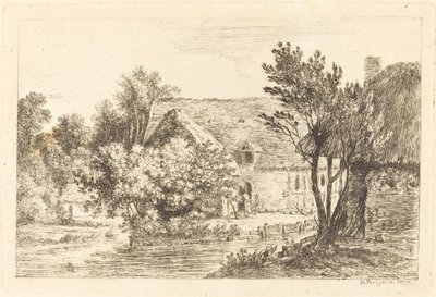Uma casa e uma casa de campo sombreada às margens de um rio de Nicolas Perignon