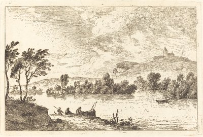 Paisagem fluvial com figuras e um barco à beira da água de Nicolas Perignon