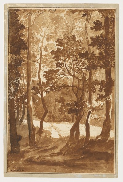 Um caminho que conduz a uma clareira na floresta de Nicolas Poussin
