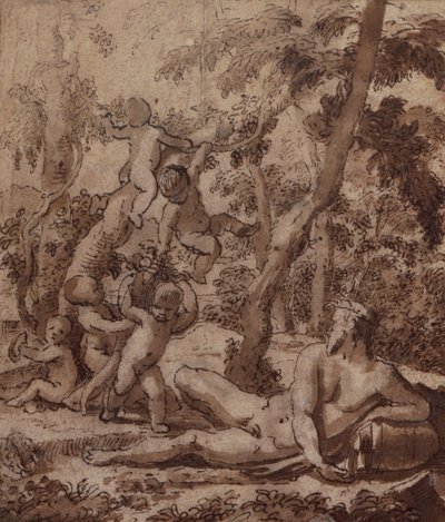 Uma paisagem arborizada com um deus do rio e Putti (caneta e tinta) de Nicolas Poussin