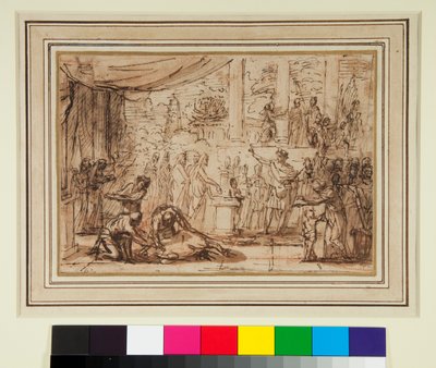 Sacrifício antigo em um templo (caneta e tinta marrom e tinta marrom sobre giz vermelho) de Nicolas Poussin