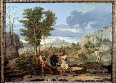 Outono ou o cacho de uvas trazidos de volta da terra prometida O retorno de Josue e Caleb com um enorme cacho de uvas da terra de Canaã de Nicolas Poussin
