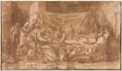 Unção extrema reto, Três cabeças e outros esboços verso, 1643-1644. de Nicolas Poussin