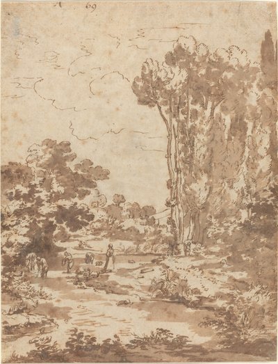 Figuras tomando banho em um riacho de Nicolas Poussin