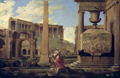 Eremita entre as ruínas de Nicolas Poussin
