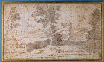 Paisagem com uma grande árvore no centro e um miradouro de Nicolas Poussin