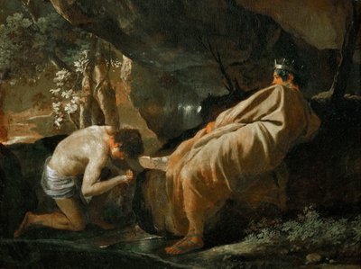 Midas na nascente do rio Pactolus, ca 1627. de Nicolas Poussin