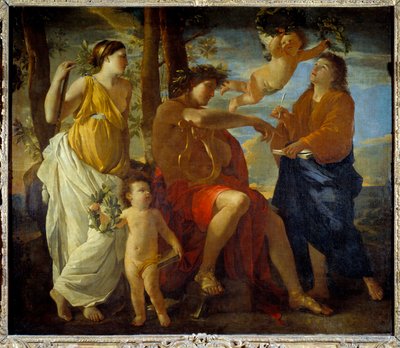 A inspiração do poeta Un poete, uma lira na mão e touca de uma coroa de louros, é cercada por musas e putti. pintura de Nicolas Poussin de Nicolas Poussin