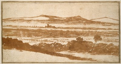 Vista através de um vale em direção a colinas distantes (escova e lavagem marrom-avermelhada, em papel off-white, colocado sobre um suporte de cartão branco) de Nicolas Poussin