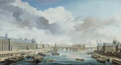 O Louvre, a Pont-Neuf e o Collège des Quatre-Nations, atualmente o Institut de France, vistos da Pont Royal de Nicolas Raguenet