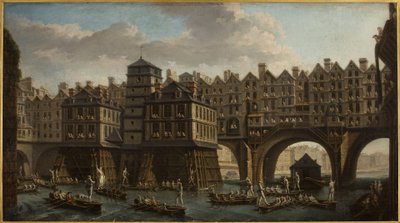 O duelo dos marinheiros, entre a Ponte de Notre-Dame e a Ponte da Mudança de Nicolas Raguenet