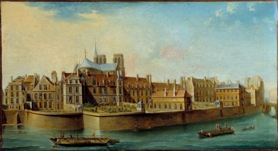 Vista da Ile de la Cite com a abside da Catedral de Notre Dame e do Quai aux Fleurs da Ile Saint Louis em Paris Pintura de Nicolas Raguenet (1715-1793) 1753 Sol. 0,46x0,84 m Paris, Musee Carnavalet - Vista da Ile de la Cite com a aps de Nicolas Raguenet