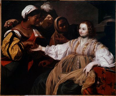 A cartomante Uma mulher veio consultar um palmista. Pintura de Nicolas Regnier (1591-1667) Sun. 1,2x1,5 m de Nicolas Regnier