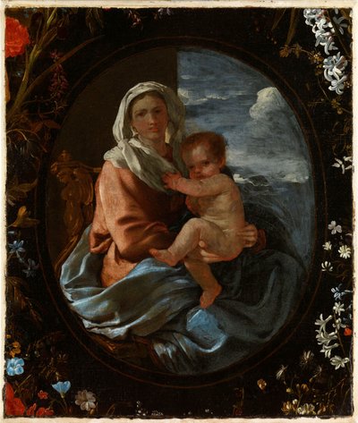 Virgem e Menino numa grinalda de flores de Nicolas & Seghers Daniel (1590–1661) Poussin