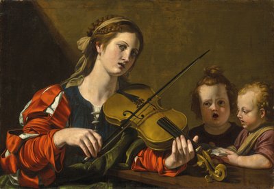 Mulher tocando violino com duas crianças cantando (óleo sobre tela) de Nicolas Tournier