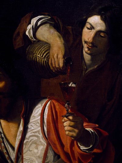 Servant pouring wine, detalhe do Encontro de bebedores, de Nicolas Tournier (baptizado em 1590 - antes de 1639), azeite sobre tela de Nicolas Tournier