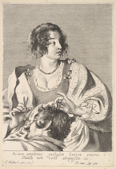 Dalila se preparando para cortar o cabelo de Sansão com uma tesoura na mão direita, abaixo do peito..., ca. 1629. de Nicolas Viennot