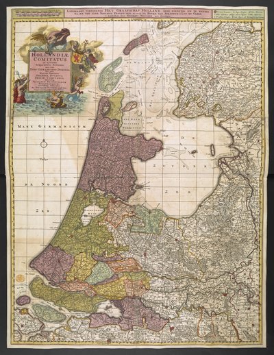 Mapa da Holanda, mostrando povoações, pântanos, florestas, colinas, estradas, rios e outras características geográficas. Mostra o título numa cartela decorativa no canto superior esquerdo com Fama, Neptuno e Thetis acompanhados por putti portando os braços de Nicolas Visscher