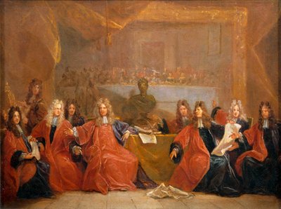 O reitor dos comerciantes e os vereadores da cidade de Paris deliberando sobre a oferta de um banquete a Luís XIV ... de Nicolas de (workshop) Largilliere