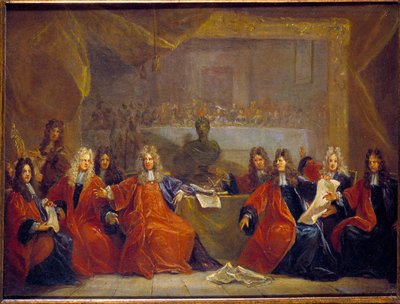Le prevot des marchands et les echevins de la ville de Paris deliberando sobre a festa oferecida a Luís XIV para a sua convalescença em 30 de Janeiro de Nicolas de Largillière