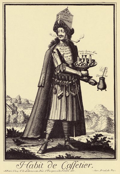 Caffettier: "Habit de Caffettier "(Cafeteira ou negociante de café, chocolate, chá, licores) Desenho satírico de "Costumes Grotesques" de Nicolas de Larmessin (1640-1725) de Nicolas de Larmessin