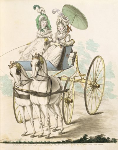 Duas senhoras, em negligência, tendo uma exibição em um faeton, da Galeria da Moda de Nikolaus Heideloff, Vol. I, agosto de 1794 (impressão) de Nicolaus von Heideloff