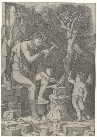Vulcano forja a asa do Cupido de Nicoletto da Modena