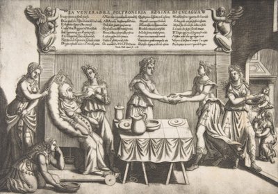 Venerável Ociosidade, Rainha da Cocanha, uma mulher gorda sentada em uma cadeira de toalete móvel sendo..., 1565. de Nicolo Nelli