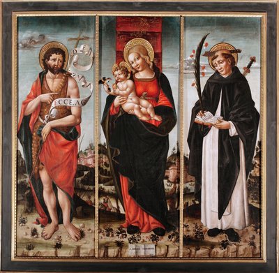 Virgem e Criança entre São João Baptista e São Pedro de Verona (Pietro Martire ou Pietro da Verona, ca. 1205-1252) (Virgem com criança com São João Baptista e Pedro de Verona) Tríptico (Tríptico) Pintura de Niccolo da Cremona de Nicolo da Cremona