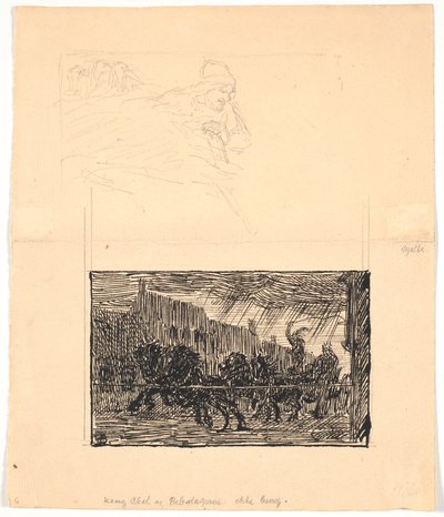Dois rascunhos de ilustração para Sønderjyske Folkesagn, v. F. Ohrt. F.o. Onde você menos espera e f.n. Rei Abel e os matadores de cordas de Niels Skovgaard