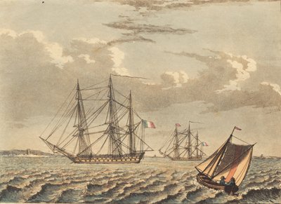 Navios orlog franceses ancorados e um barco que atravessa de Niels Truslew