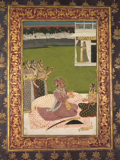 Retrato do marajá Savant Singh com o consorte, Bani Thani, meados dos anos 1700. de Nihal Chand