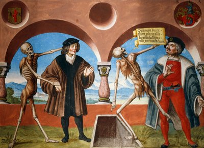 Morte, Conselheiro e Administrador (bailiff) do ciclo de Dança da Morte de Albrecht Kauw de Niklaus Manuel