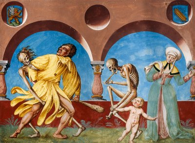 Morte, idiota e mãe com filho do ciclo de Dança da Morte de Albrecht Kauw de Niklaus Manuel