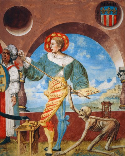 Morte puxando pincel do pintor, detalhe da Morte, grupo de pagãos e Pintor do ciclo Dança da Morte de Albrecht Kauw de Niklaus Manuel
